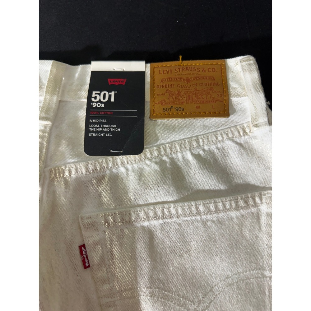 Levi's 501 '90s Jeans 27x30 White Metallic Foil New Straight Leg Mid Rise Denim - Picture 5 of 6